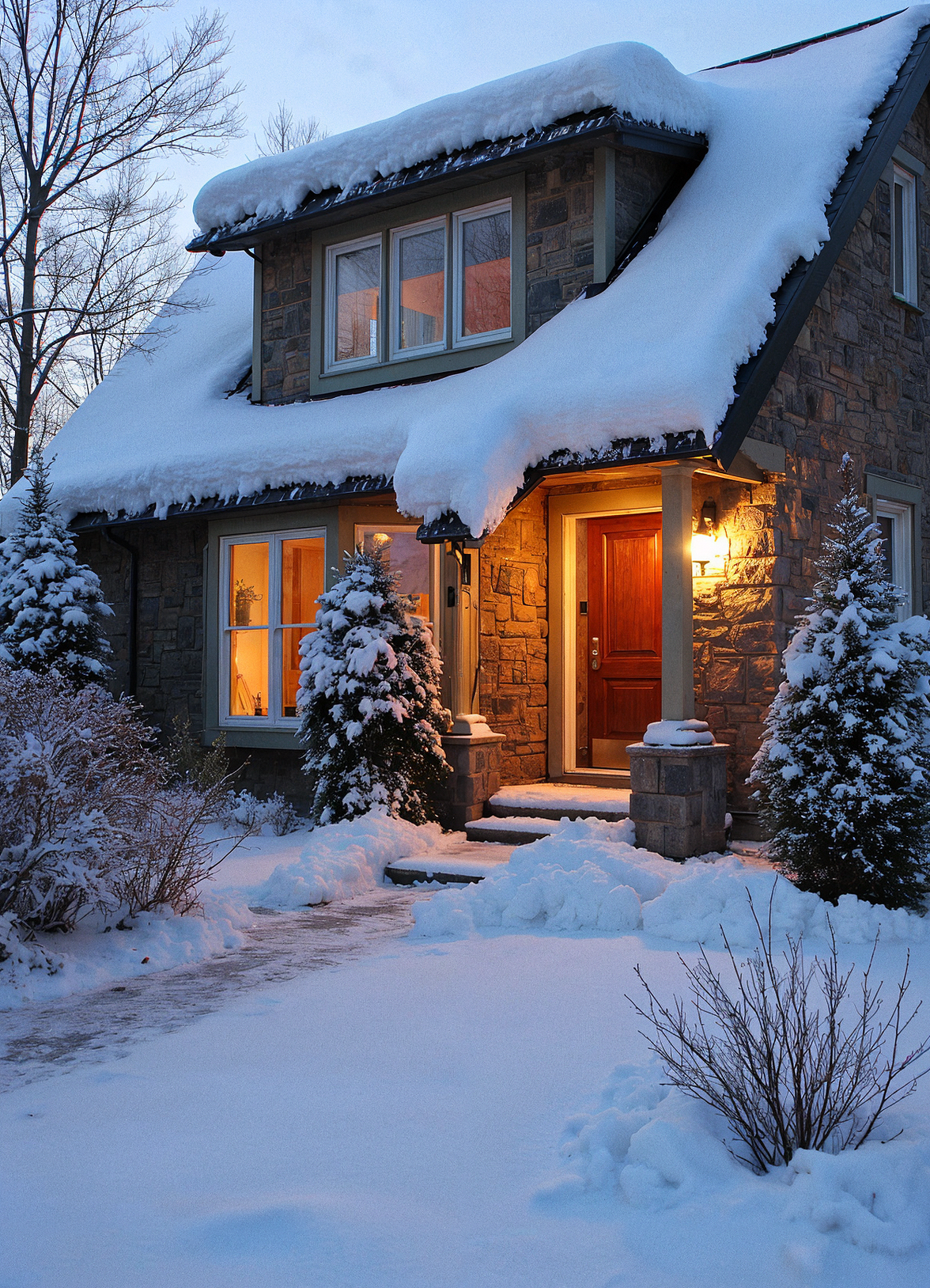 Realistic image of a cozy winterized home with snow-covered roof, sealed windows, and insulated pipes glowing warmly, representing energy-efficient winter home preparation.
