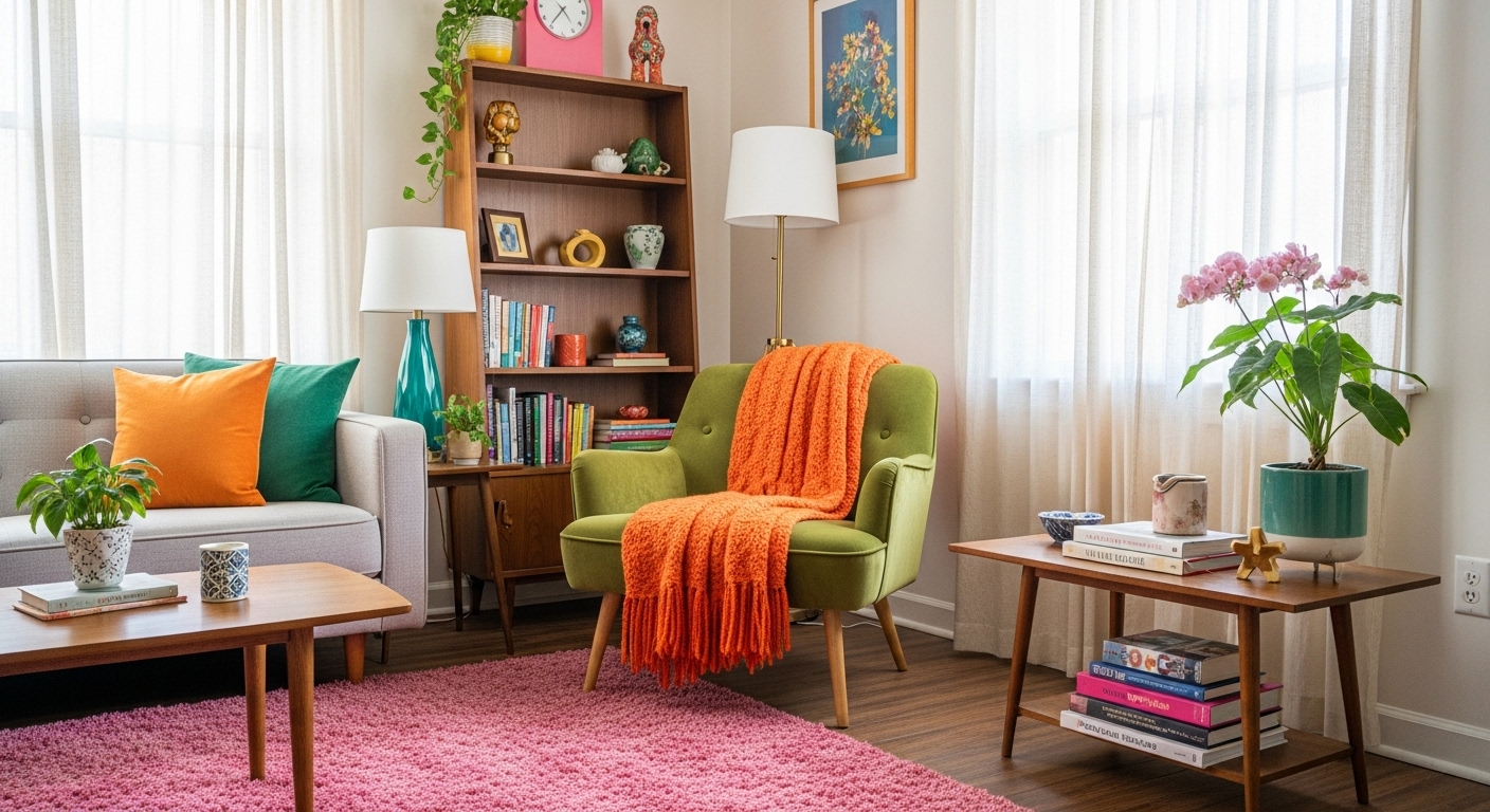 Living room showing how color affects mood, with vibrant tones and cozy textures creating a welcoming space