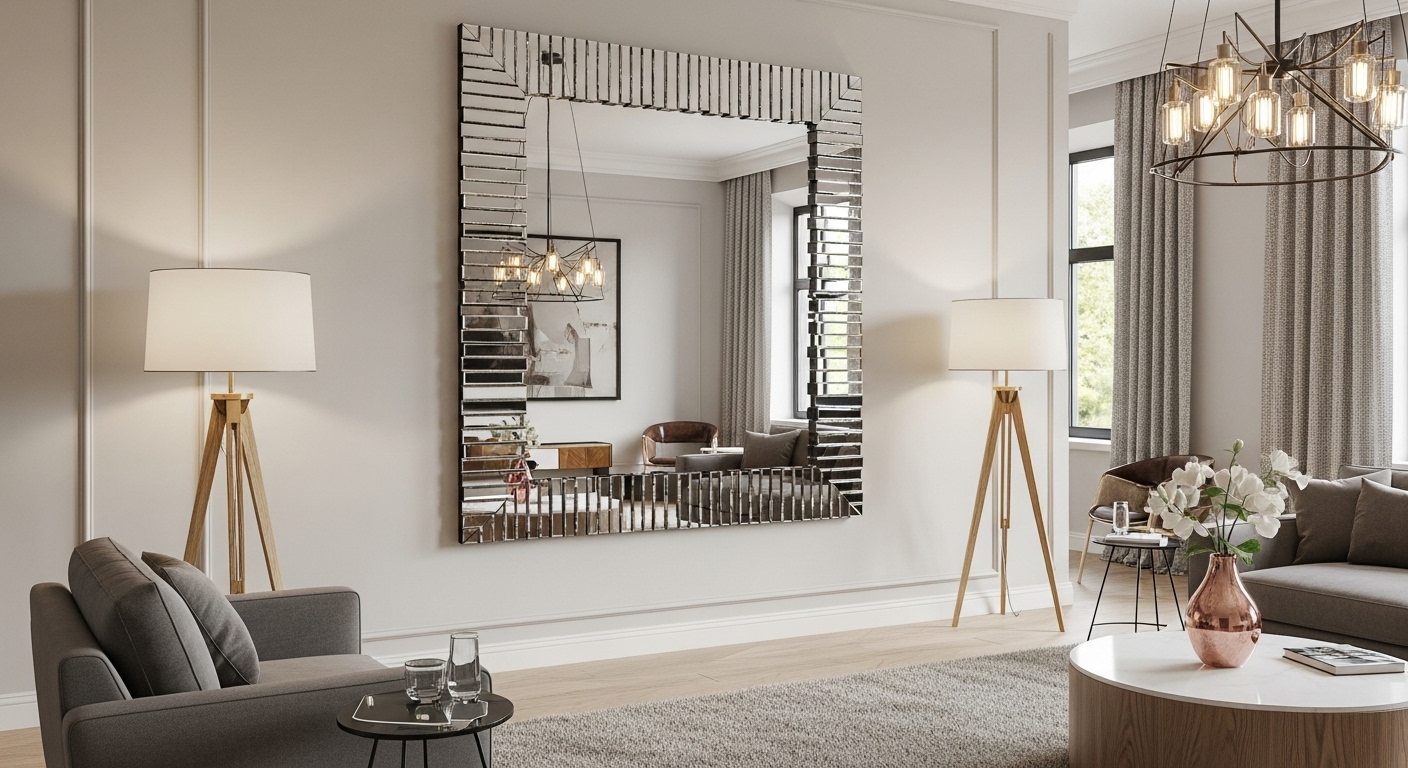 A large, decorative mirror on the wall of a drawing room, making the space look wider and brighter with its reflective surface.