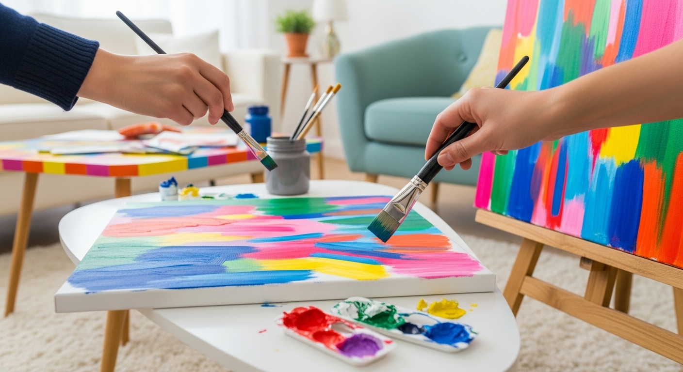 Hand creating colorful abstract DIY art on canvas to display in a modern living room with bold decor.
