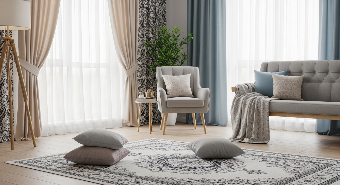 A personalized and stylish drawing room interior featuring a mix of textures, colors, and decorative elements.