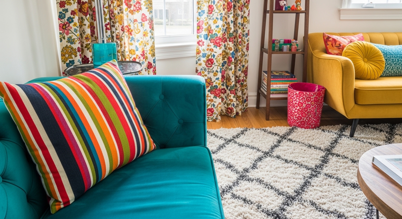A funky living room showing a mix of striped, floral, and plush textures for a playful decor.