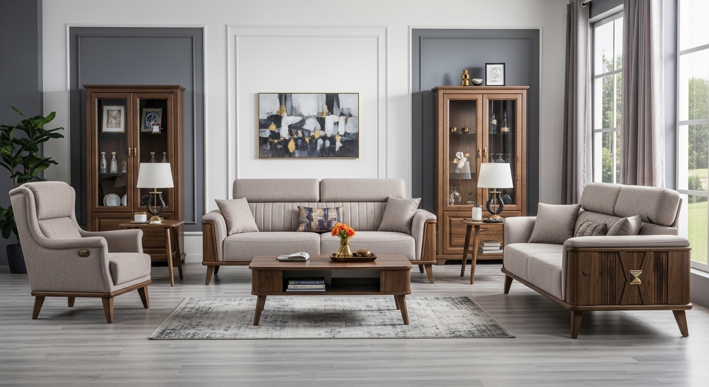 Drawing room with stylish and functional furniture, including comfortable seating, coffee tables, and accent pieces that match the room's design style