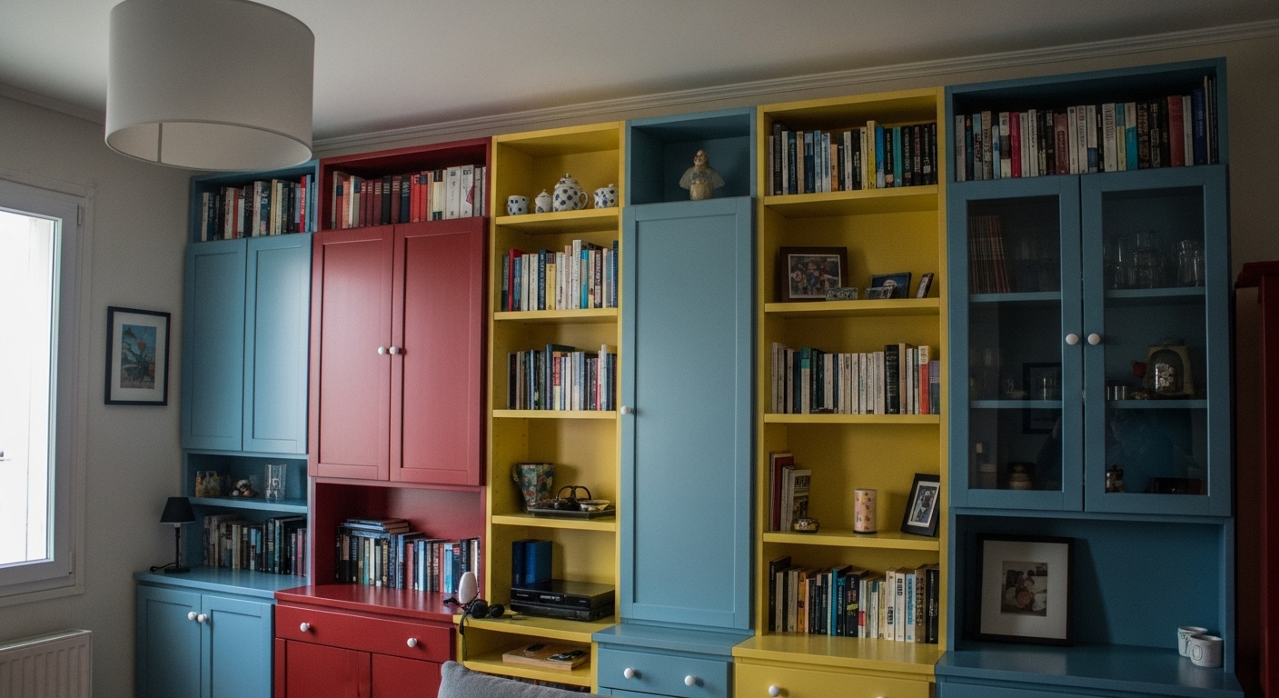 Bright storage cabinets and bookcases in a modern colorful room