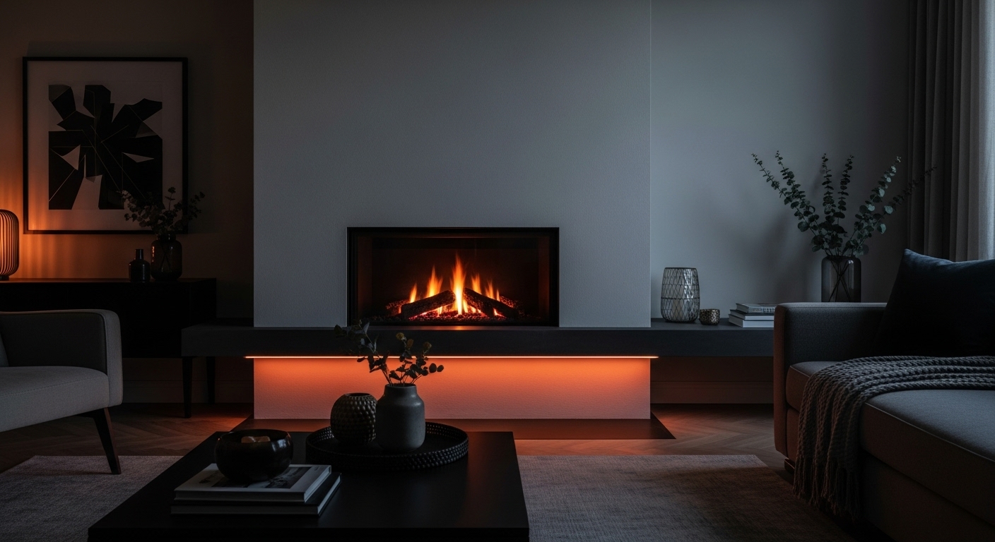 Accent lighting highlighting a fireplace in a modern living room.