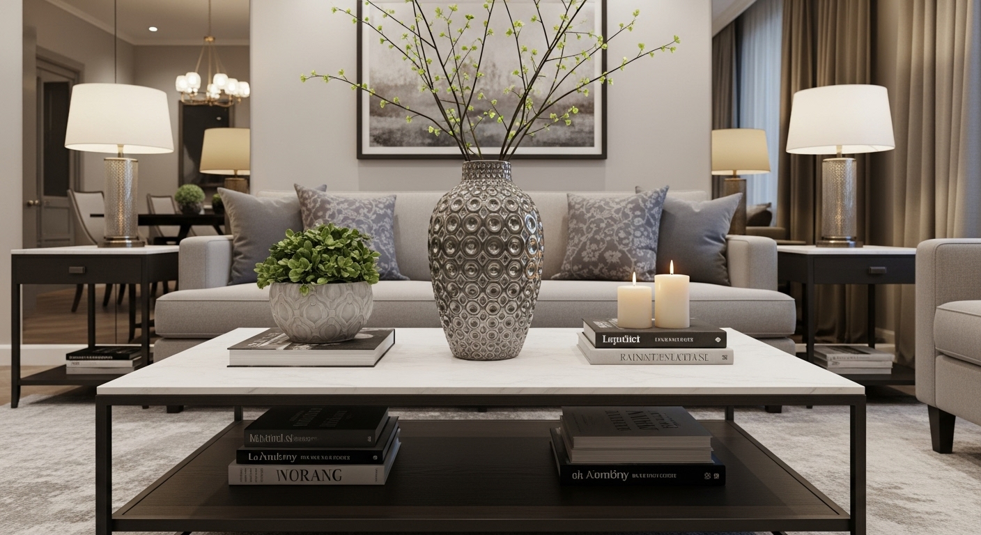 A stylish coffee table in a drawing room, perfect for drinks, books, and decorative accessories, enhancing the room's overall design.
