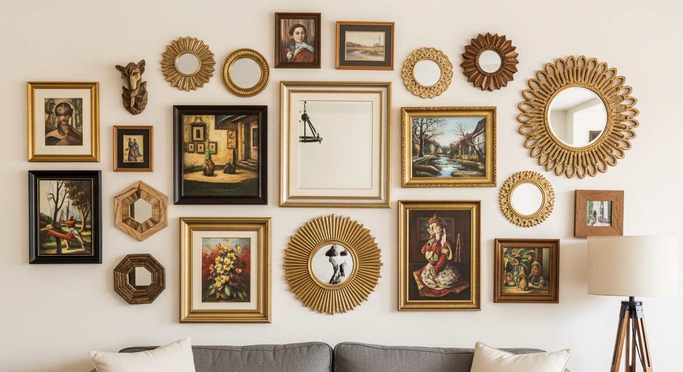 Drawing room walls adorned with artwork, mirrors, and wooden ornament walls creating a stylish ambiance