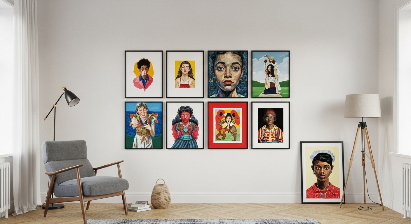 Gallery wall in a drawing room with art collection arranged in a grid creating a personal touch.