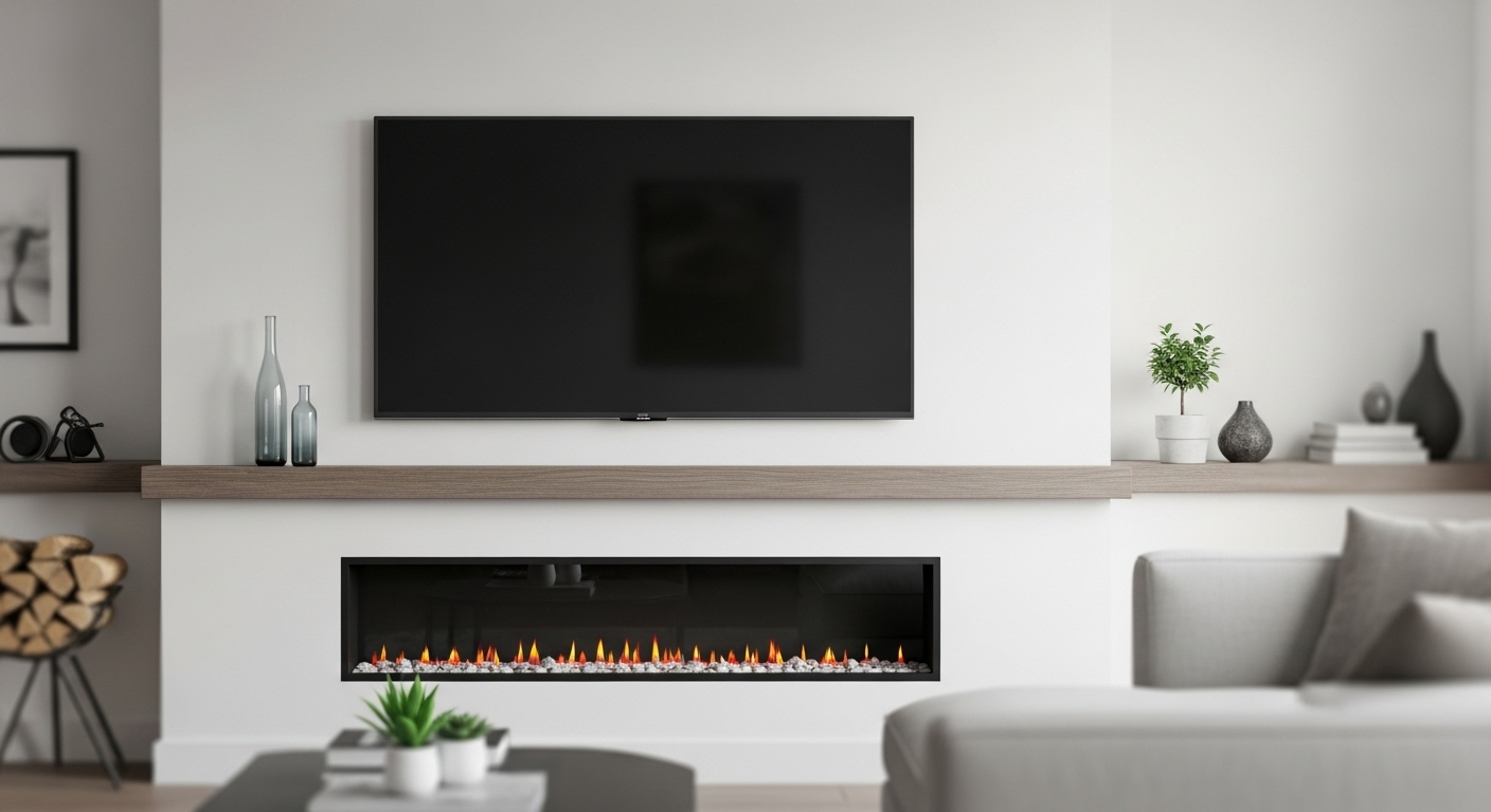 Fireplace mantel decorated with artwork, a mirror, and seasonal décor.