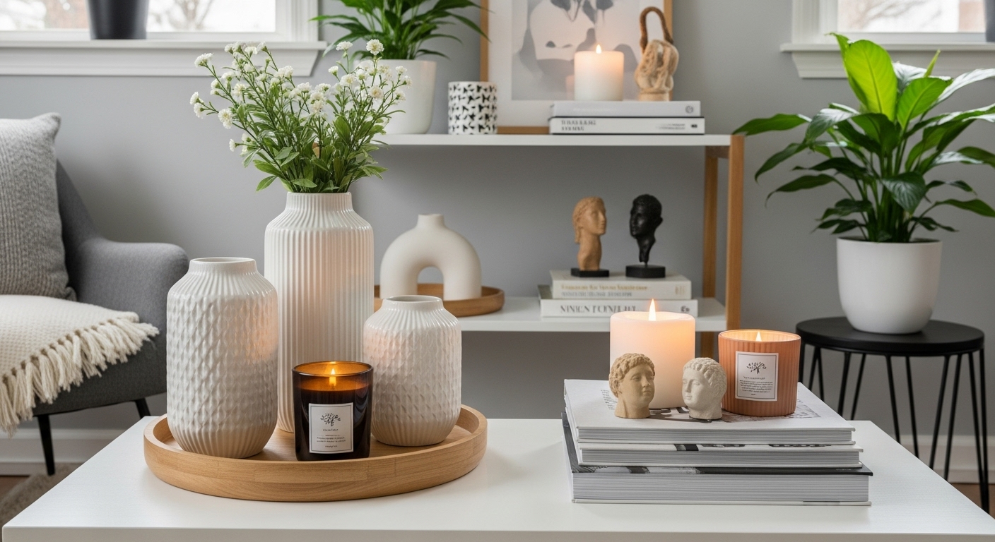 Decorative vases, books, sculptures, and plants placed in a drawing room to add personal style.