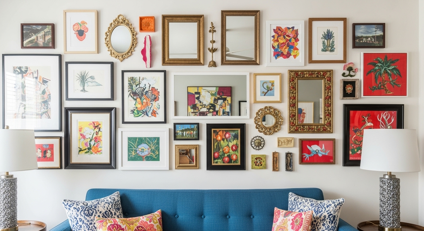 Diverse and colorful gallery wall featuring artwork, mirrors, and mixed frames in a funky, creative living room.