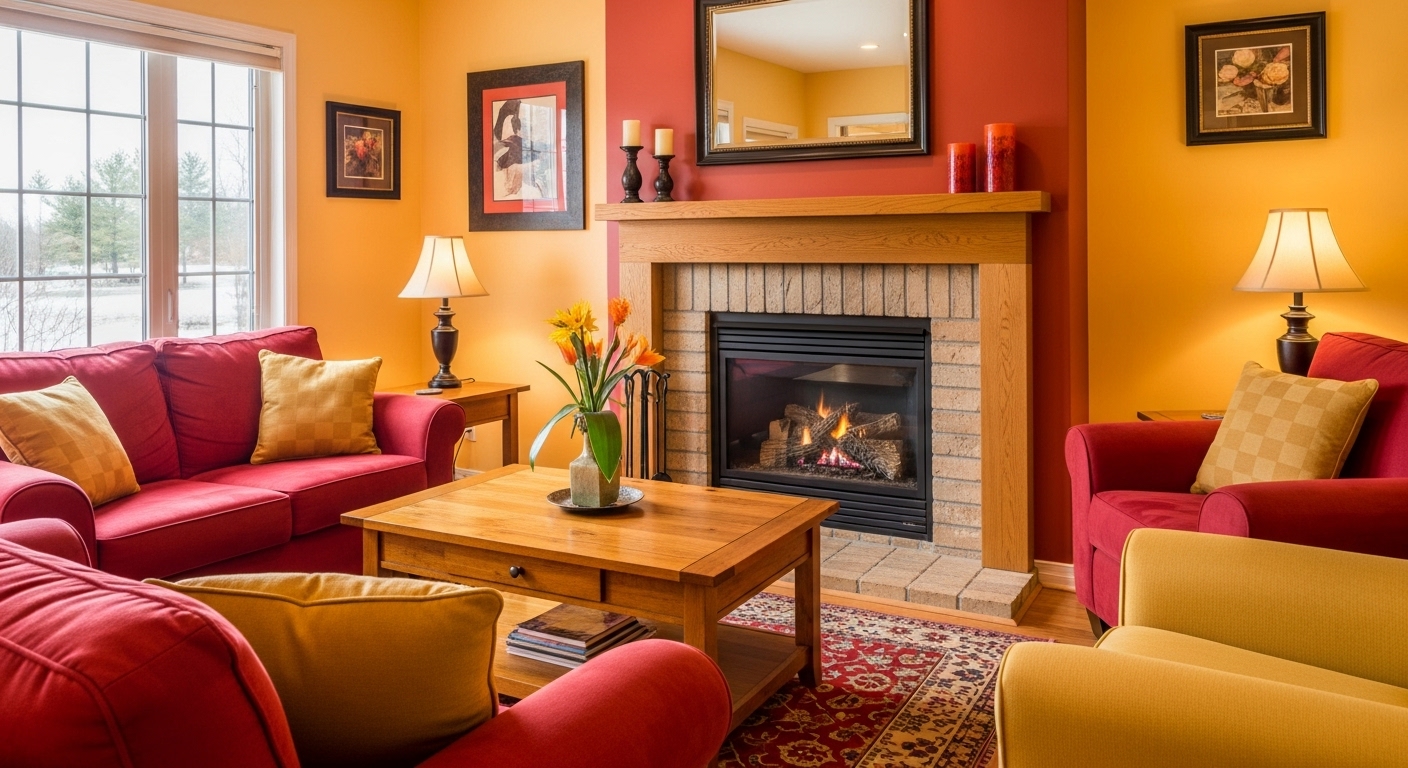 Living room with warm tones like reds and oranges, accentuating the fireplace and décor.