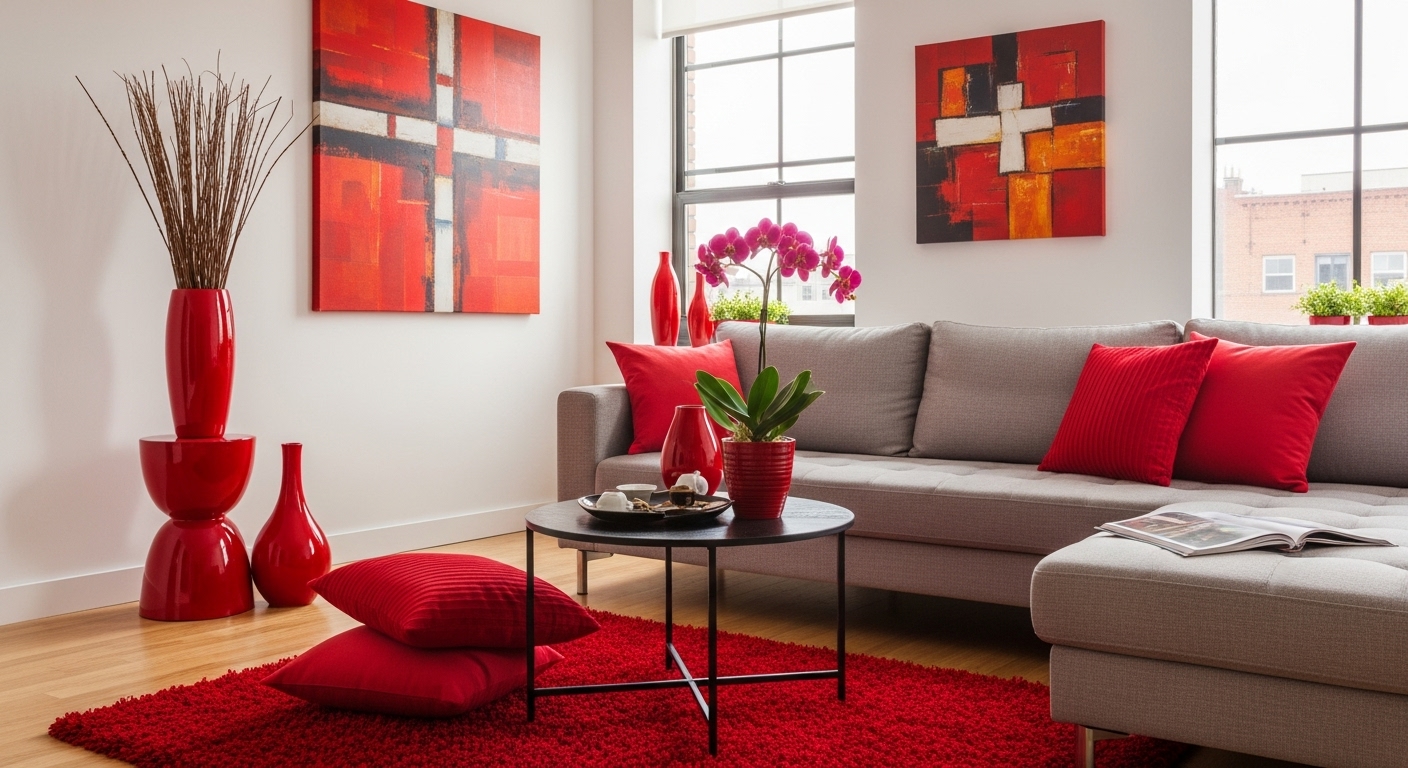 Elegant living room with red accents like throw pillows and art, creating an energizing and dynamic atmosphere.