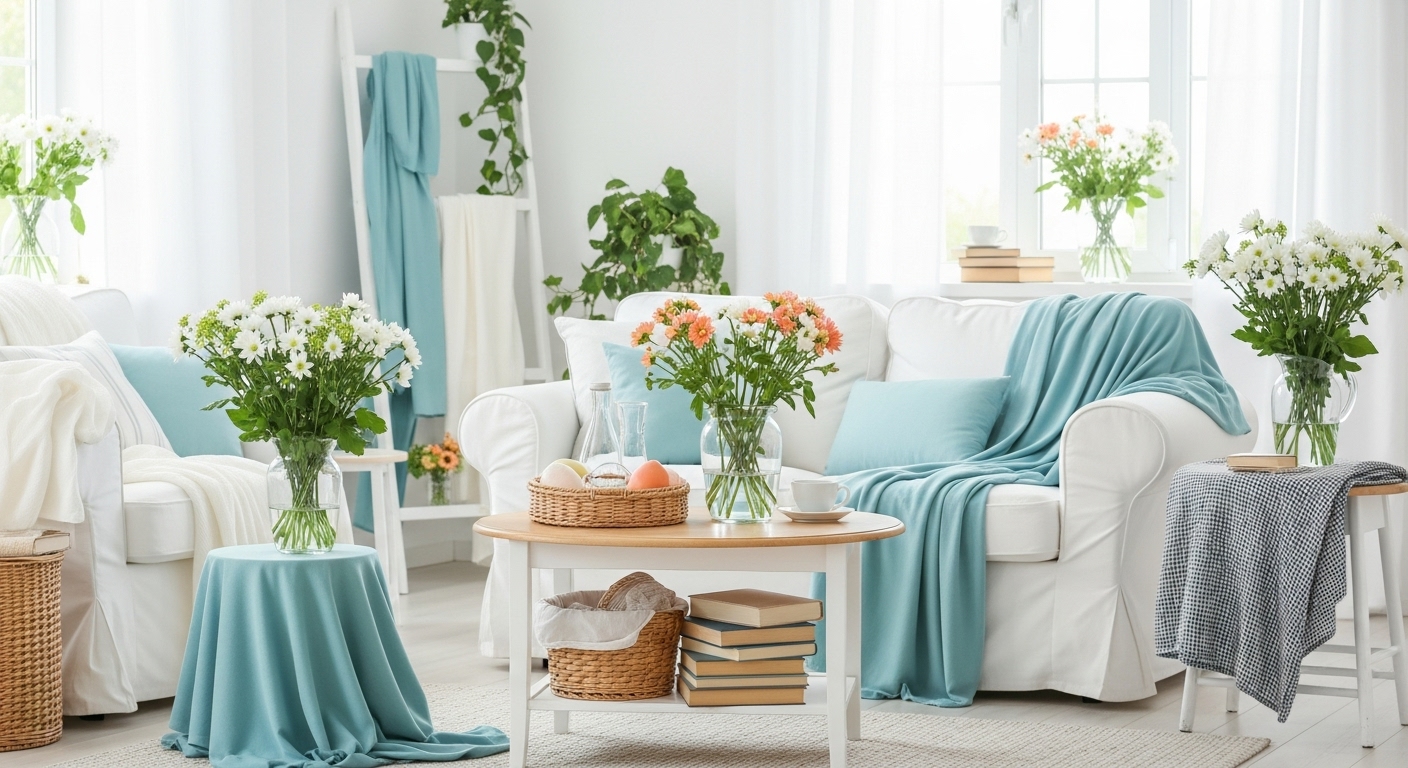Living room decorated with light fabrics and fresh flowers for summer