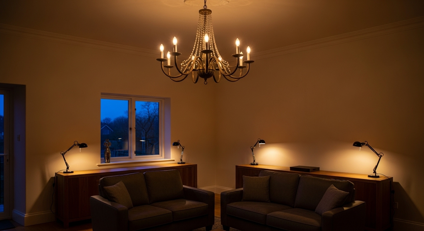 A drawing room with a stylish chandelier, pendant lights, and recessed lights, creating a perfect atmosphere for different moods.