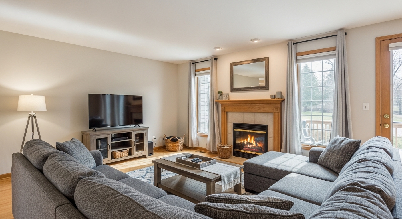 A living room with the TV placed opposite the fireplace, offering a perfect view from every angle.