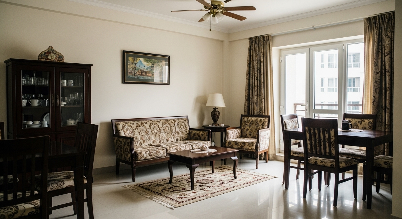 Efficient drawing room design with a stylish, well-organized layout, showcasing space maximization and welcoming ambiance for small spaces.