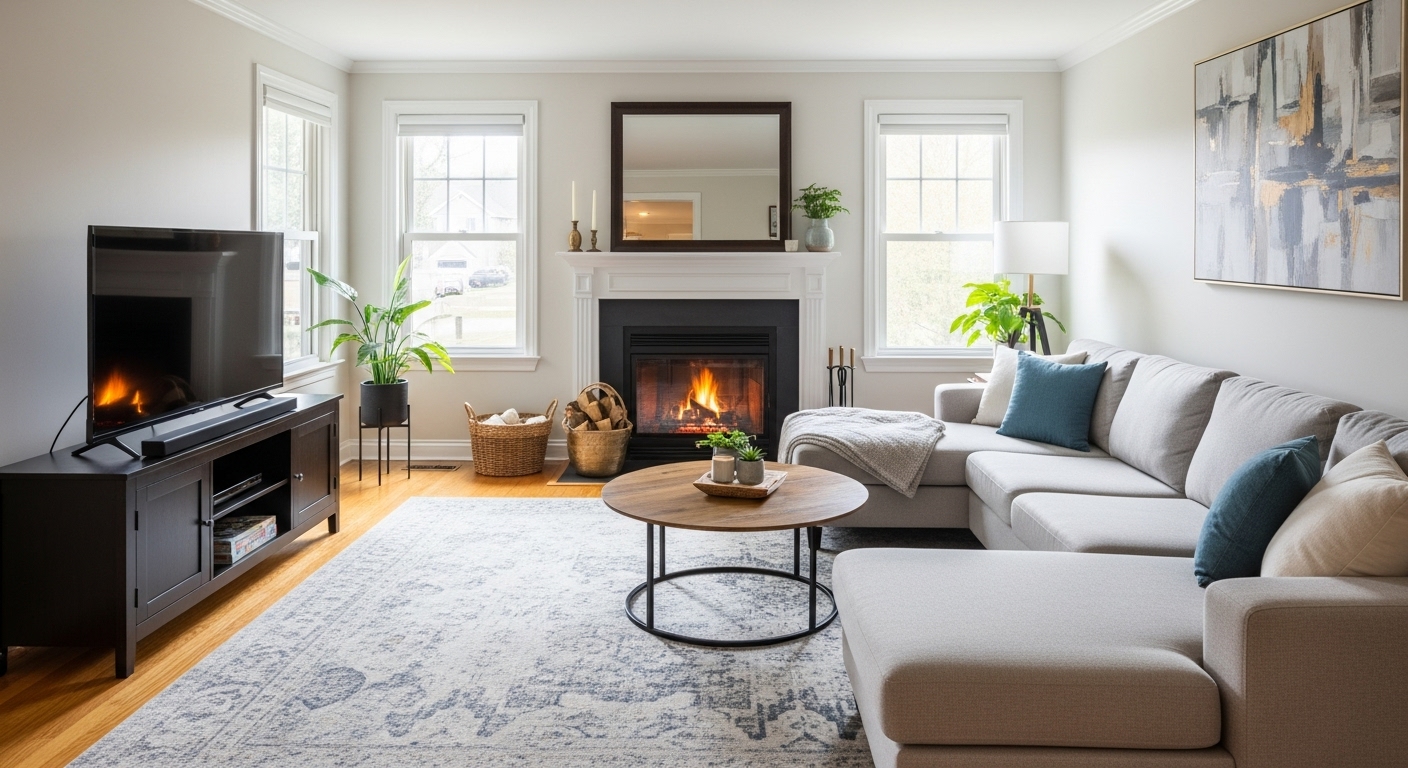 An L-shaped sectional sofa placed near the fireplace, offering an ideal viewing angle for both TV and fire. 