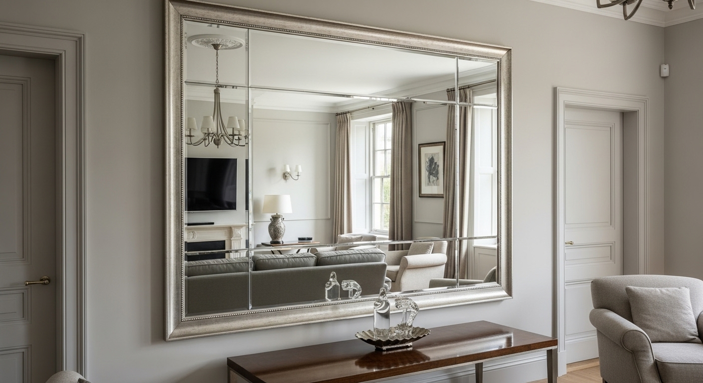 Large wall mirror reflecting the beauty of the drawing hall, adding a sense of space.