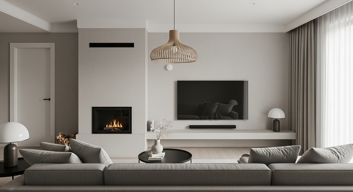 Neutral color palette in a living room featuring beige, gray, and white tones.