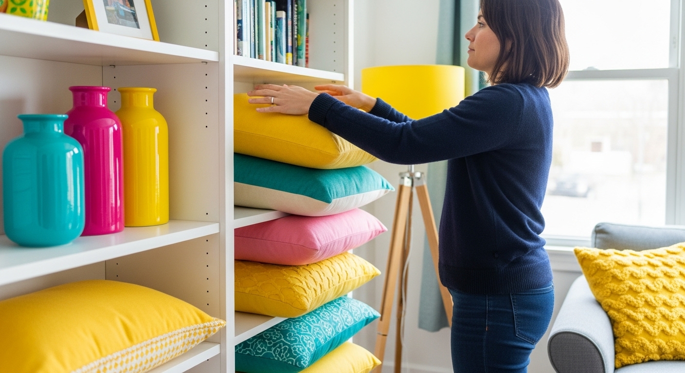 A homeowner rearranging colorful throw pillows and vases on a bright shelf in a living room for a fresh seasonal update.