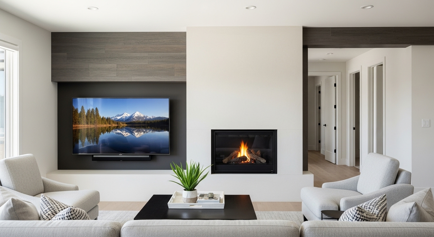A living room with a fireplace positioned on one wall, creating a focal point while balancing the space.