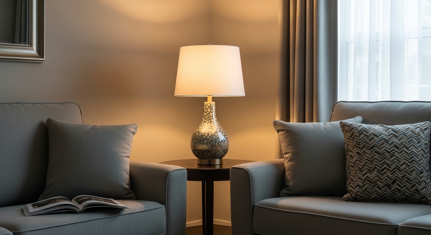 Decorative table lamp providing direct light to a reading area next to a sofa.