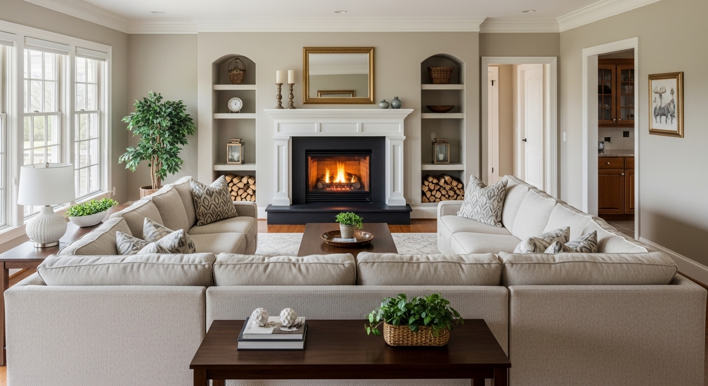 A spacious living room with a U-shaped sectional sofa arranged around the fireplace, ideal for family gatherings.