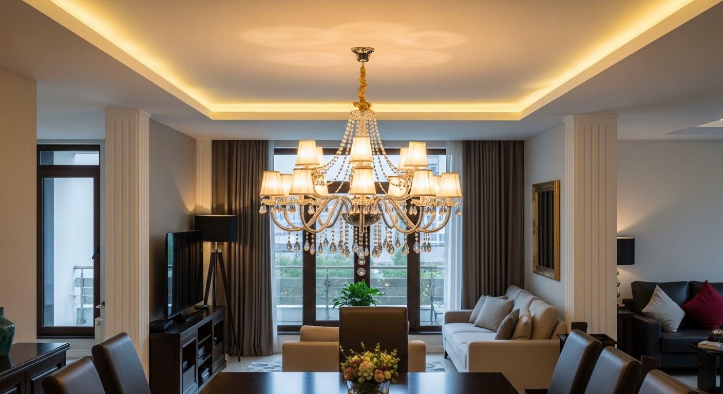 Luxurious chandelier and pendant light illuminating the drawing hall with an elegant ambiance