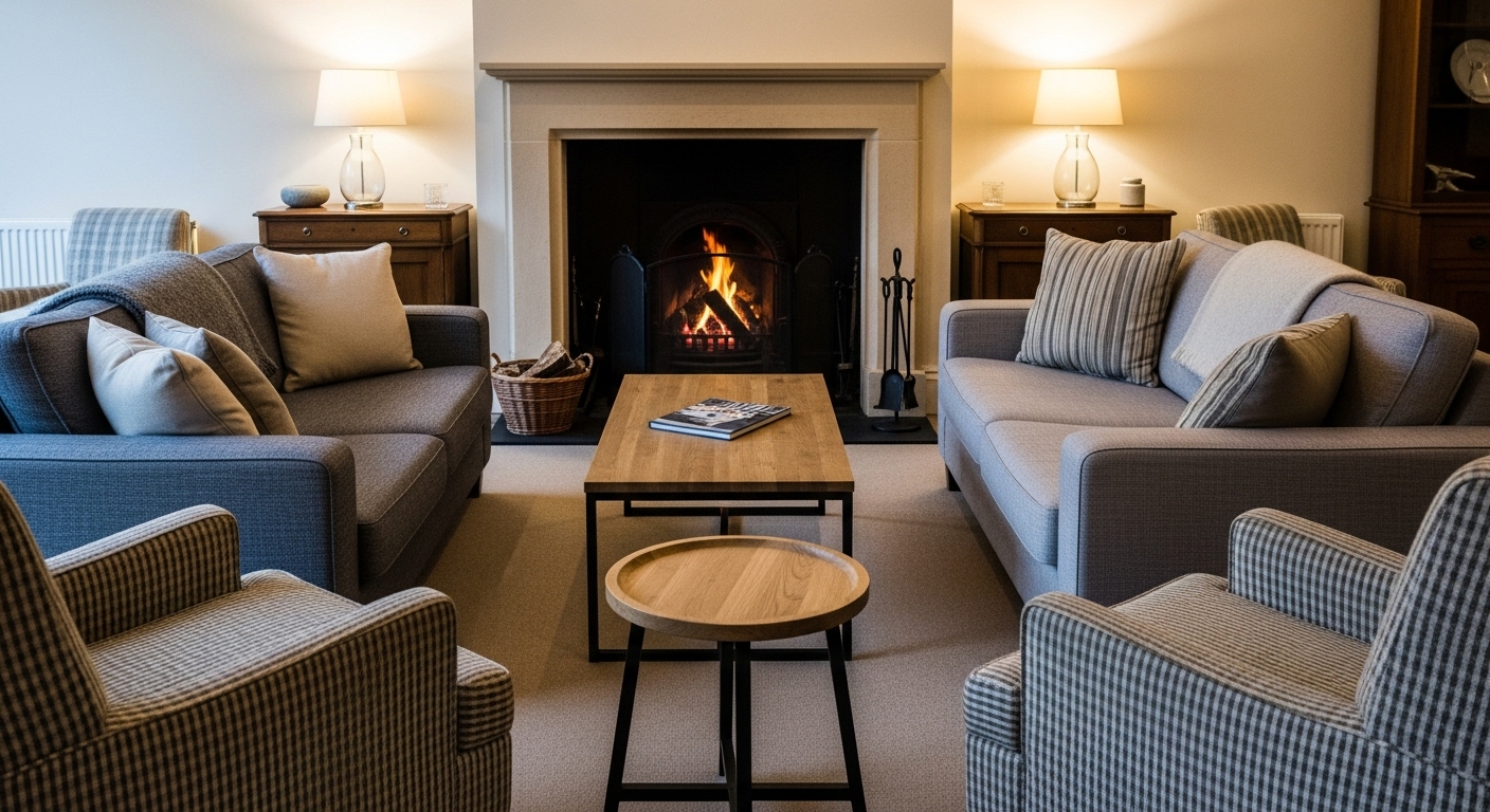A cozy living room setup where chairs and sofas are arranged facing each other with the fireplace as the backdrop.