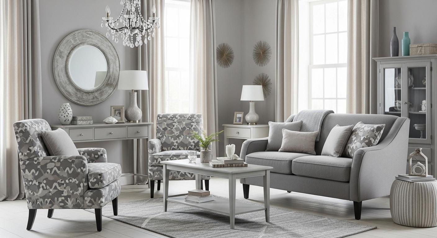 A drawing room with a harmonious color scheme, showcasing wall paint, furniture, and accessories in complementary tones