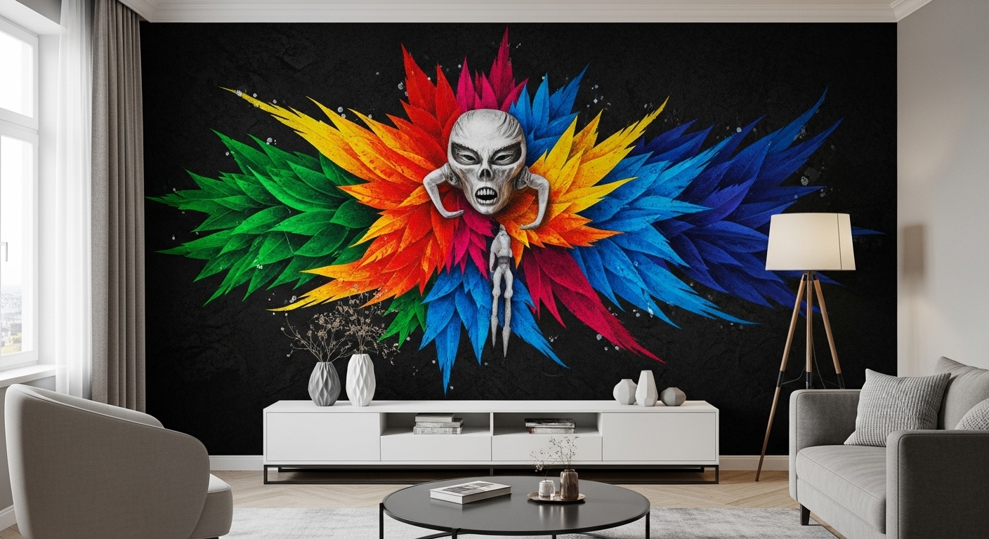 Drawing room with a feature wall featuring bold wallpaper, murals, or contrasting paint color for dramatic effect