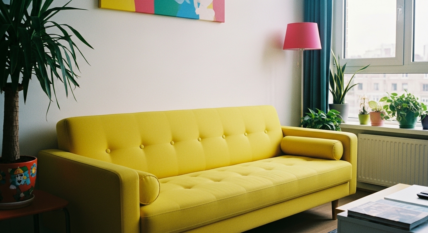 Brightly colored statement sofa as the centerpiece in a lively modern living room