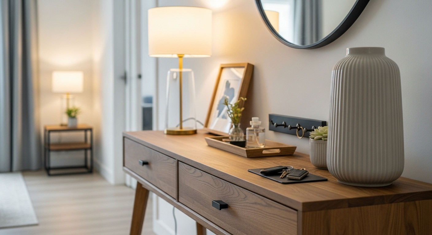 A stylish console table with decorative items such as keys, mail, and elegant ornaments
