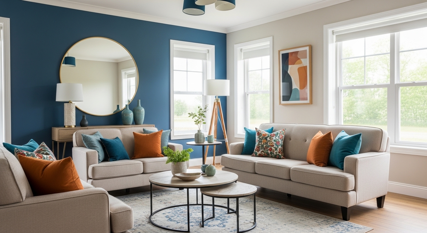 Drawing room with a balanced color scheme featuring complementary light and dark tones that create a harmonious mood and sophisticated atmosphere
