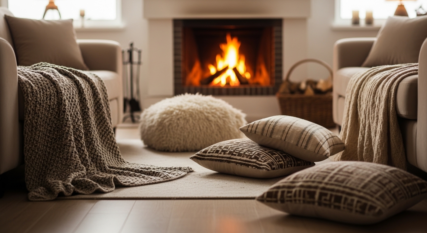 Cozy winter living room with throws, cushions, and a fireplace.