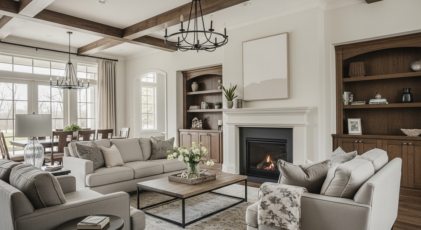 A stylish living room featuring a purple fireplace and a modern TV, seamlessly blended into the design.