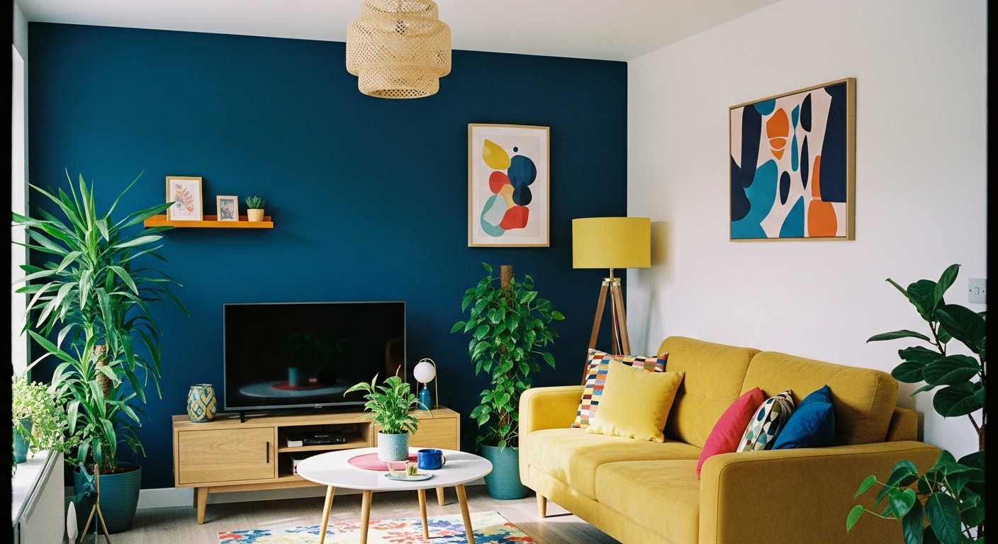 Bright and vibrant living room with bold colored walls, modern furniture, and natural light, showcasing interior design color psychology