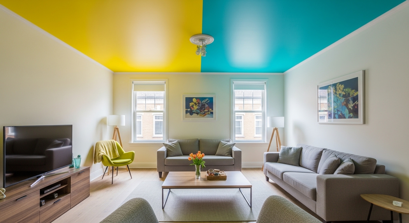 A creatively styled living room with a strong color-painted ceiling, adding character and personality to the space.