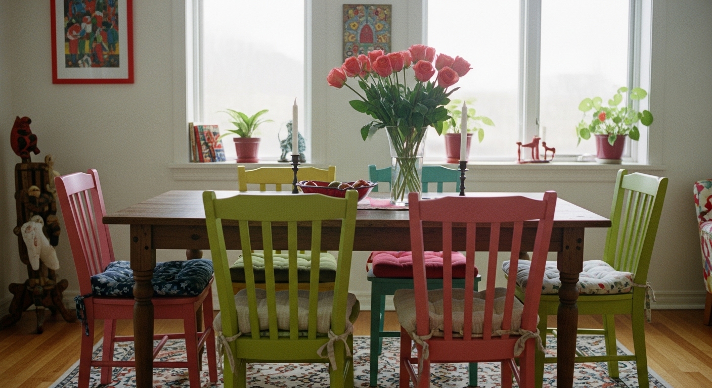 Set of mix-and-match colorful chairs arranged around a wooden table in a cozy interior