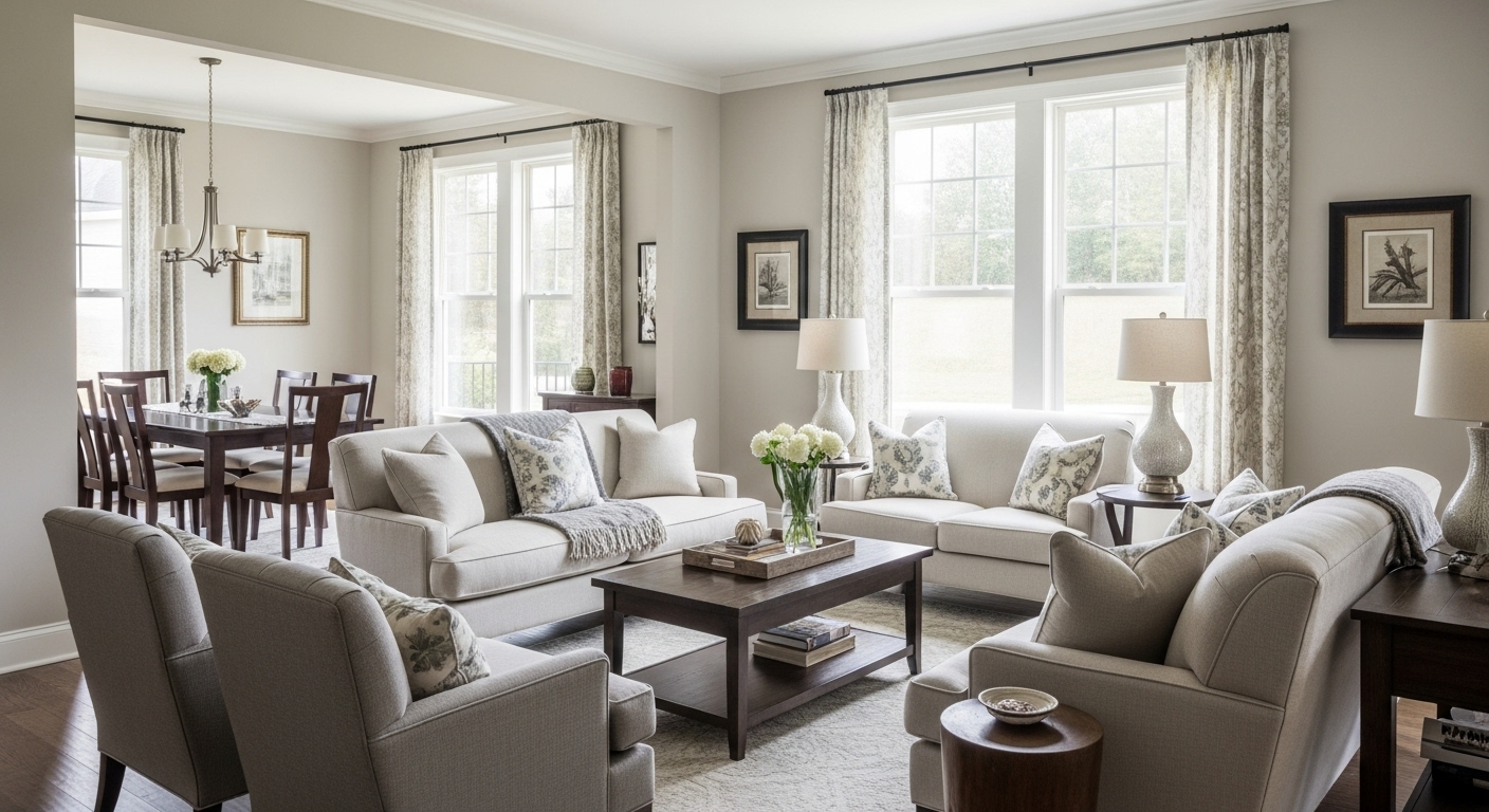 A cozy drawing room designed for both family relaxation and entertaining guests, showing a balanced space with casual seating and a formal area.