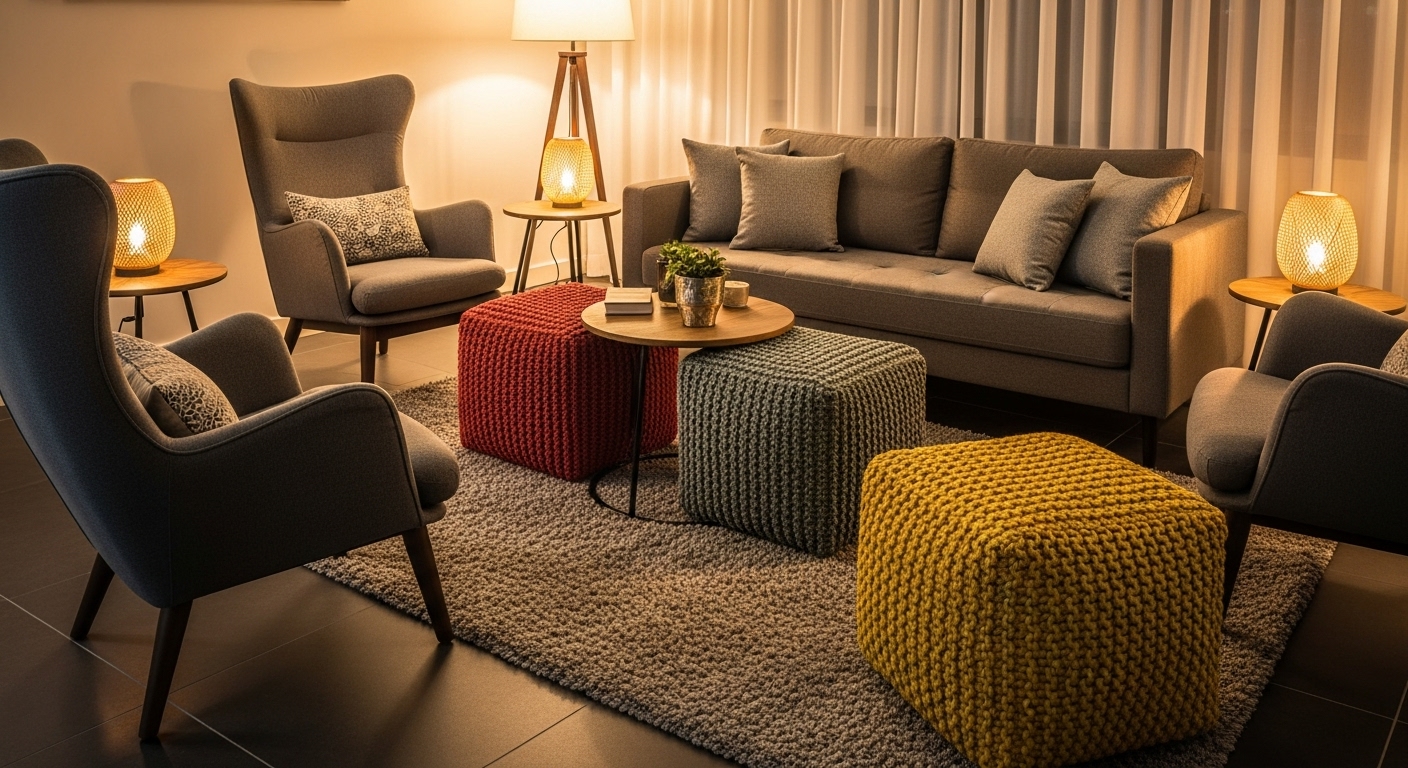 A cozy and stylish seating arrangement in a drawing room, featuring a comfortable couch, armchairs, and ottomans