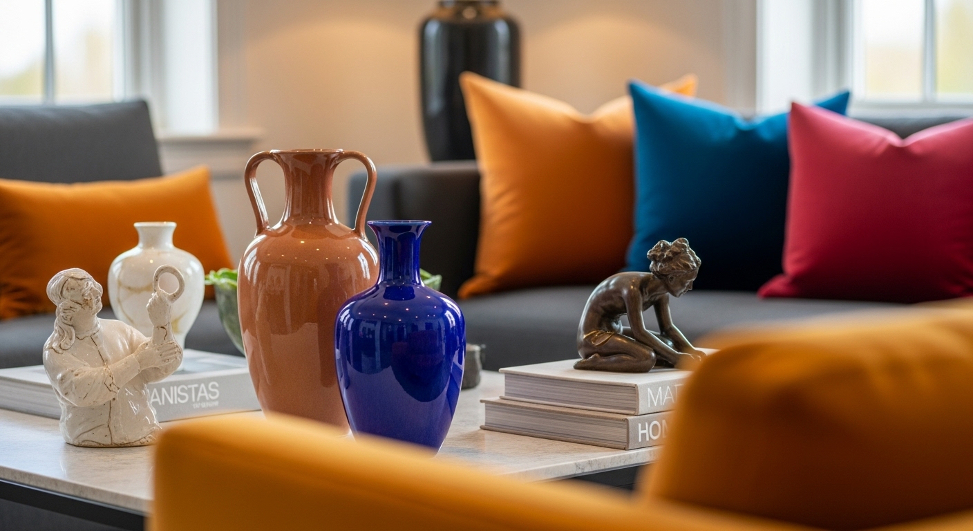 Vivid accent decor such as vases, sculptures, and throw pillows on a modern sofa.