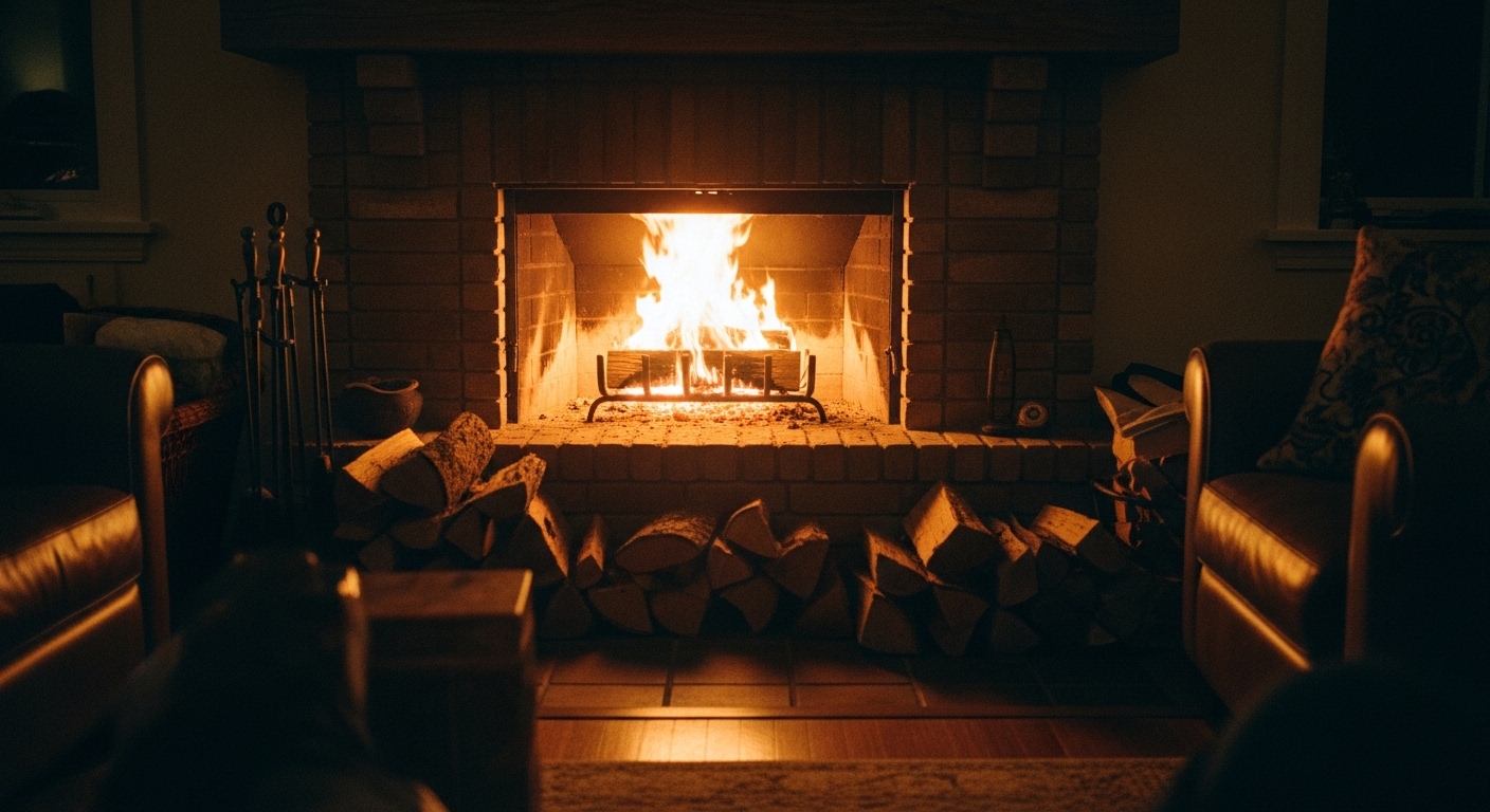Cozy living room with a glowing fireplace and a pile of wood, creating a warm and inviting atmosphere.
