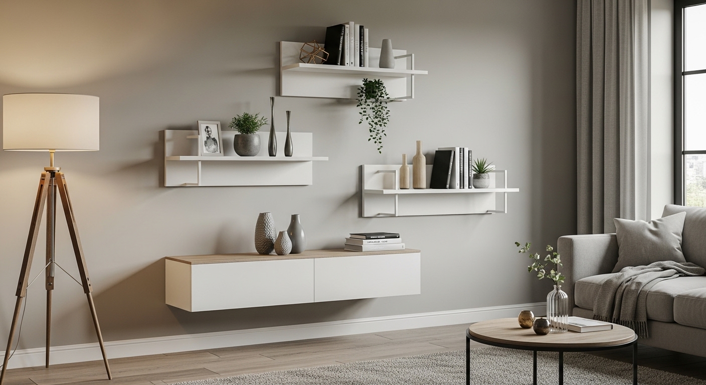 A stylish, modern wall-mounted shelf unit in a contemporary drawing room, offering both storage and aesthetic appeal