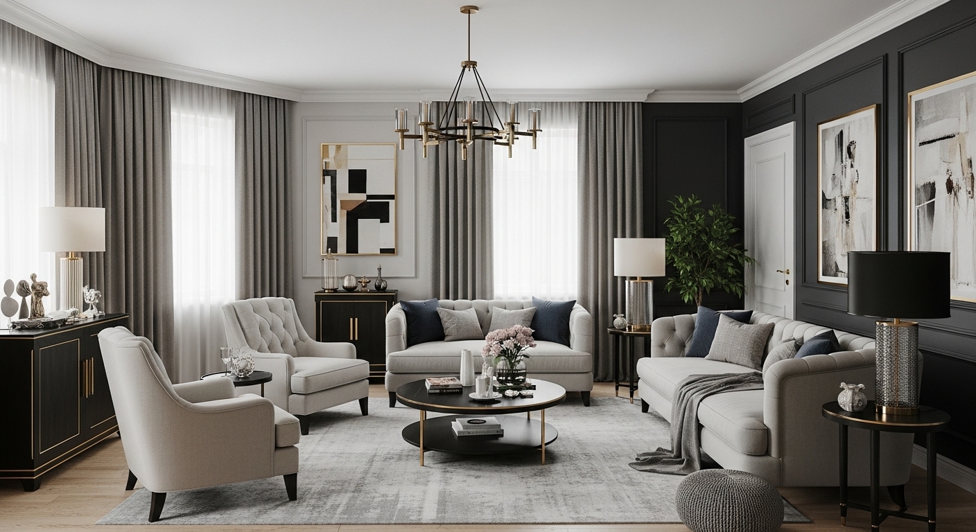 Drawing room with personalized accessories and finishing touches that reflect the homeowner's style and personality.