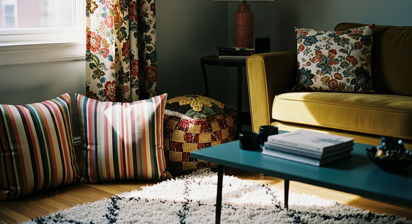 Living room featuring a mix of striped pillows, floral curtains, shag rug, and velvet couch showcasing diverse patterns and textures