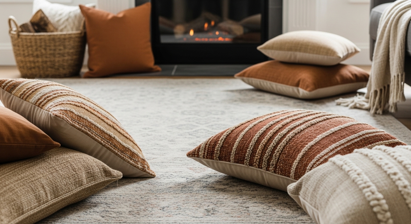 Large area rug and cushions creating a warm and inviting seating area by the fireplace."