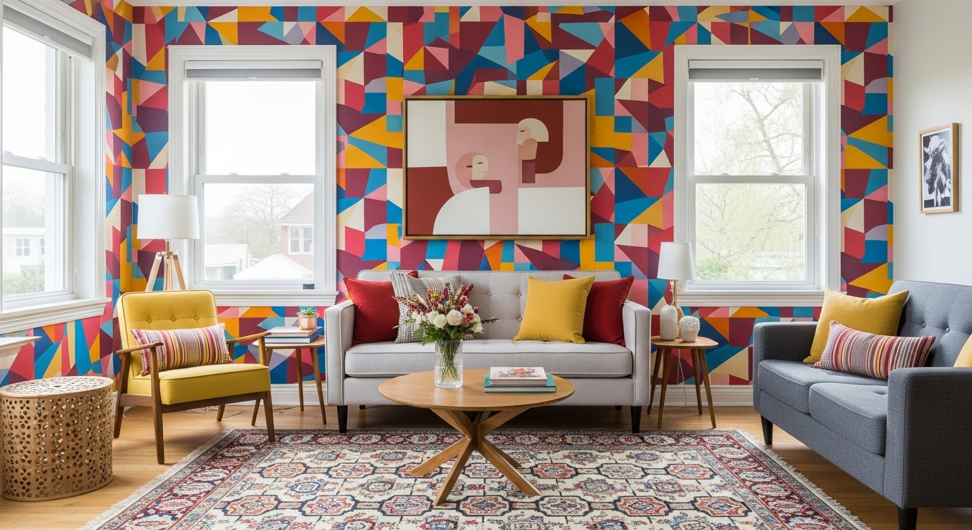 Living room featuring bold geometric wallpaper and a vibrant rug that adds character to the interior space.