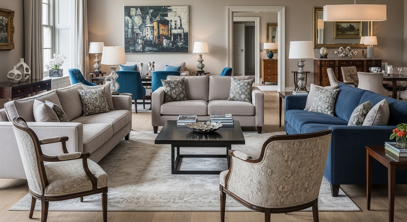 A selection of comfortable and stylish furniture in a well-designed drawing room, perfectly scaled to the space